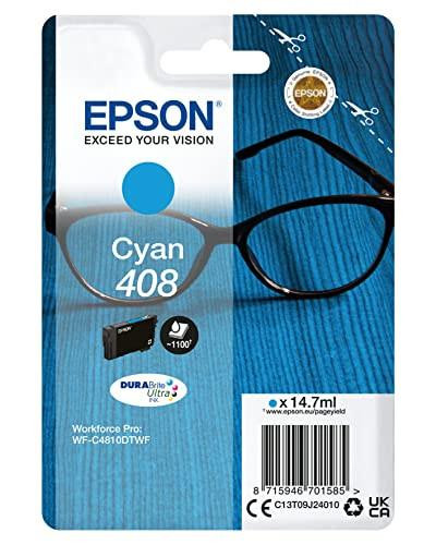 Epson Genuine Ink Singlepack Cyan 408 DURABrite Ultra, product packaging with the ink cartridge and branding details