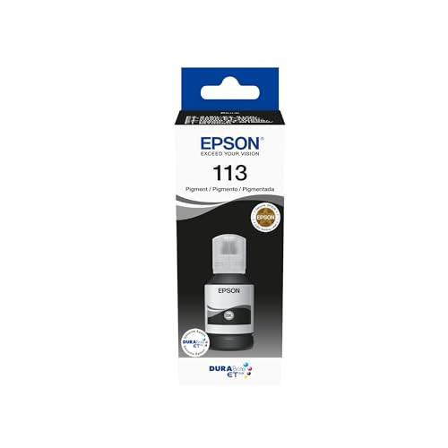 Epson EcoTank 113 Black Genuine Ink Bottle, 127 ml, in retail packaging with branding and product details.