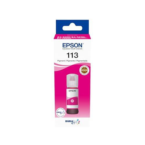 Epson EcoTank 113 Magenta Genuine Ink Bottle, 70 ml, image of magenta ink bottle in packaging for Epson printers.