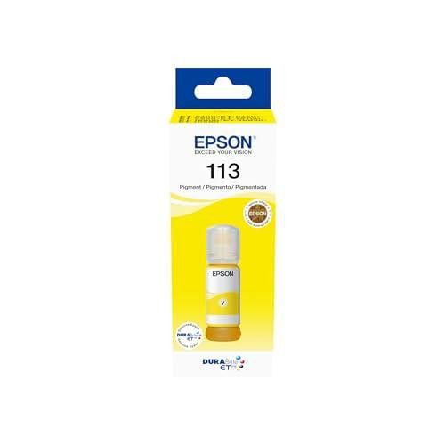 Epson EcoTank 113 Yellow Genuine Ink Bottle, yellow ink cartridge for Epson printers in brand packaging.