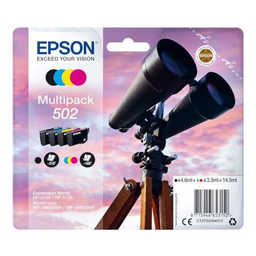 Epson 502 Binoculars Genuine Multipack, 4-color Ink Cartridges, featuring a set of ink cartridges and a telescope on packaging with a scenic sky background.