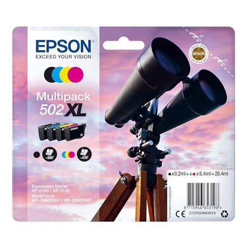 Epson 502XL Binoculars Genuine High Yield Multipack, 4-colours Ink Cartridges, with a pair of binoculars against a colorful sky background.