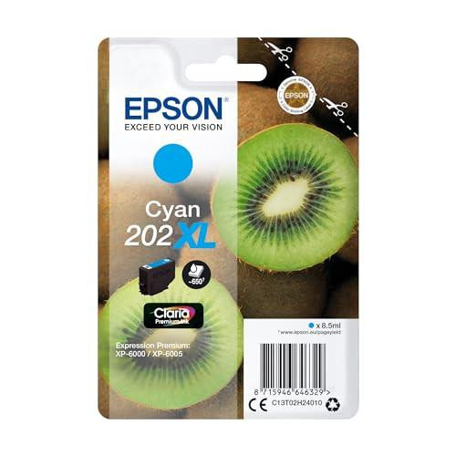 Epson 202XL Cyan Kiwi High Yield Genuine Ink Cartridge, packaging featuring a sliced kiwi fruit and the Epson logo.