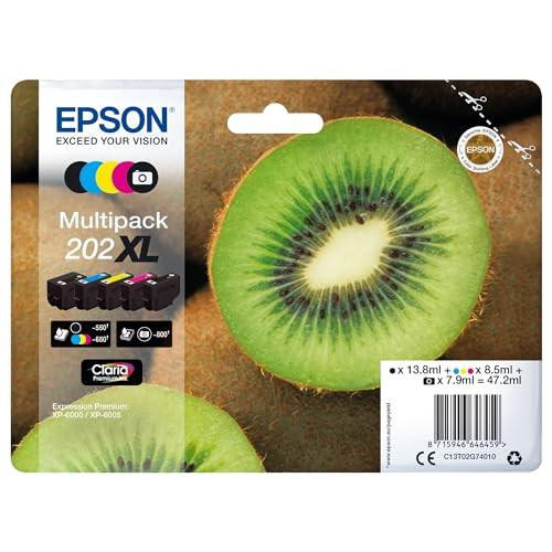 Epson 202XL Kiwi Genuine High Yield Multipack, 5-colours Ink Cartridges with Claria Premium Ink, product packaging featuring a sliced kiwi fruit and colorful ink cartridges.