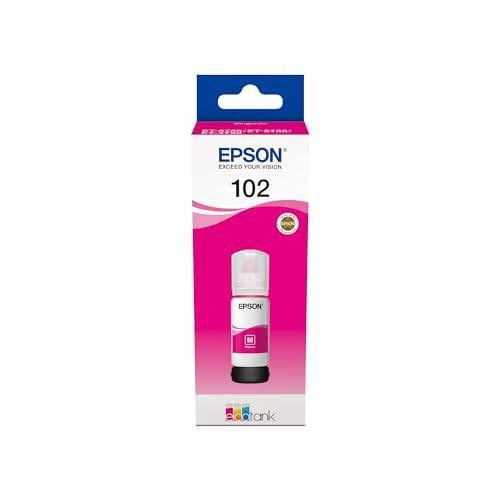 Epson EcoTank 102 Magenta Genuine Ink Bottle, front view in packaging with label and cap visible.