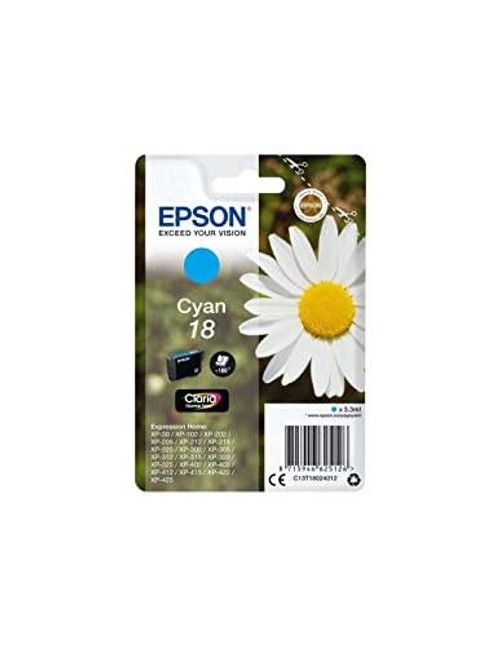 Epson 18 Cyan Daisy Genuine Claria Home Ink Cartridge, product packaging with a daisy flower design and ink cartridge details.