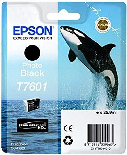 Epson T760140 Killer Whale T7601 Ink Cartridge, Photo Black, Genuine, product image showing the cartridge packaging with a killer whale illustration and barcode.