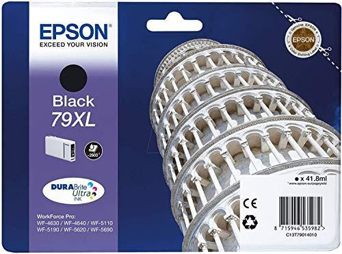 Epson 79XL Leaning Of Pisa Black Genuine XL High Yield Ink Cartridge DuraBrite Ultra, image showing multiple ink cartridge boxes with a Pisa Leaning Tower illustration.