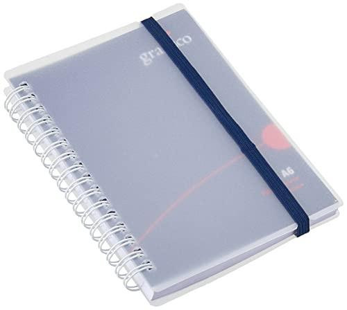 GRAFFICO A6 Twin Wire Polypropylene Notebook of 140 Pages, clear plastic cover with a blue elastic strap for closure.