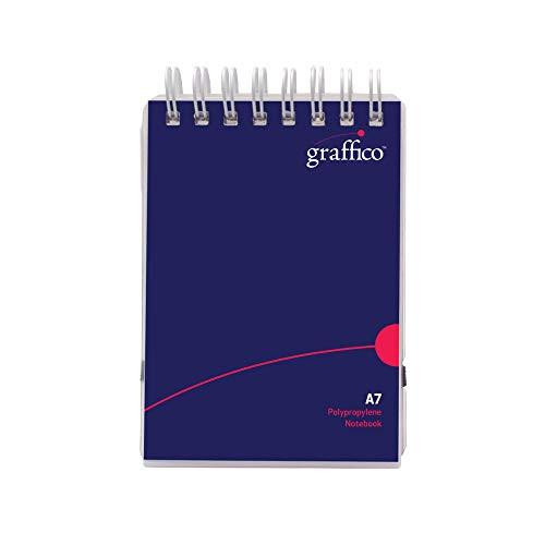 GRAFFICO A7 Twin Wire Polypropylene Notebook, blue cover with white spiral binding and pink design, 140 pages, pack of 1.