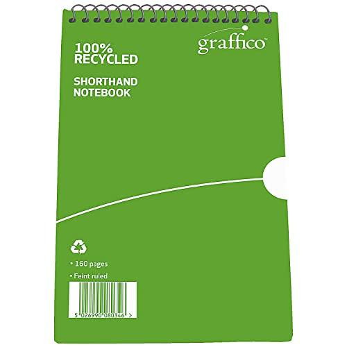 GRAFFICO 203 x 127 mm Recycled Reporter Ruled 160 Pages Notebook, green cover with white and black text including recycling symbol and barcode.