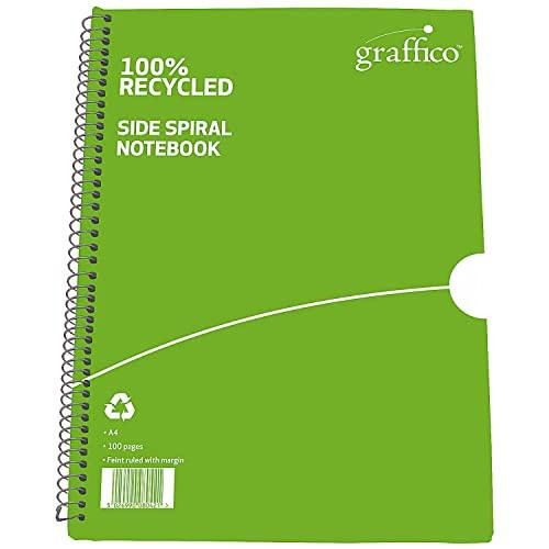 GRAFFICO A4 Recycled Spiral Bound Feint Ruled 100 Pages Notebook, green cover with white text highlighting eco-friendliness and product features.