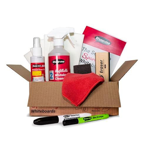 Show-me Whiteboard cleaning kit, containing sprays, pens, eraser, cloths, and cleaning supplies, for keeping whiteboards sparkling clean.