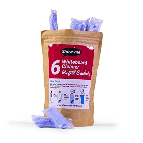 Show-me Refillable Whiteboard Cleaner - Sachet Refills, Blue, Sachet Refills (Pack of 6), image showing a brown resealable pouch with six blue liquid sachets inside and outside for cleaning whiteboards.