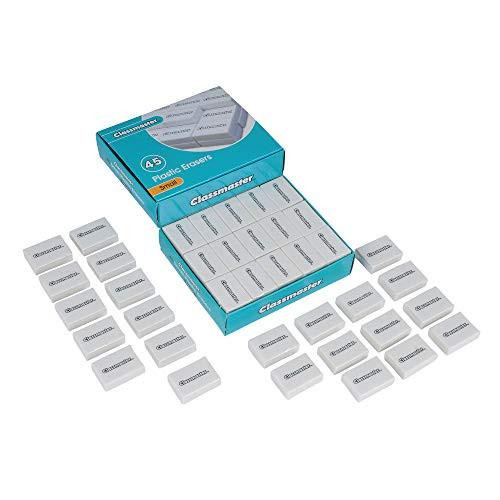 Classmaster PES45 Pencil Erasers, small white PVC-free and phthalates-free erasers displayed in an open pack with 45 erasers arranged outside.