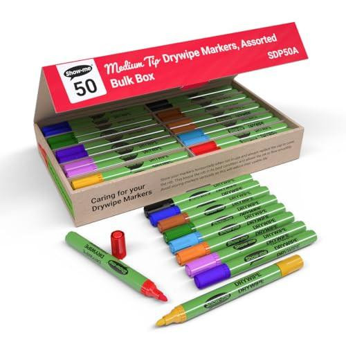 Show-Me Whiteboard Pens, Marker Pens For Whiteboard, Long-Lasting Whiteboard Markers With Easy-Fit Lids, Comfortable & Safe Dry Wipe Markers With Anti-Splay Nibs - Medium, Assorted, 50PK, image of a box of assorted colorful dry wipe markers with some markers outside the box.