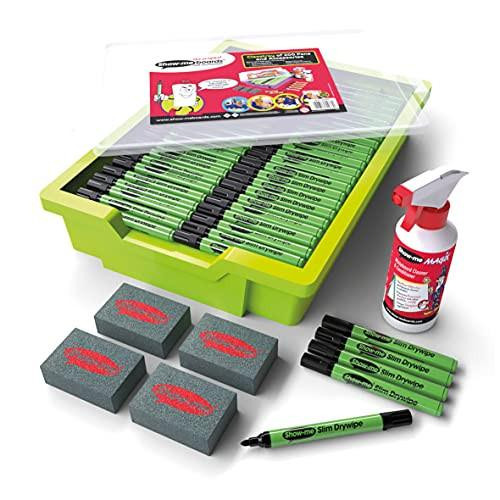 Show me Medium Tip Black Drywipe Pens in Gratnell's Trays 200-Piece Set, image of a green Gratnell's tray filled with black drywipe pens, foam erasers, and a spray cleaner, with a instruction manual on top.