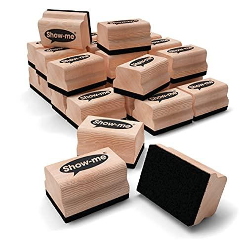 Show-Me Whiteboard Eraser Pack, Mini Erasers For Drywipe Boards & Chalkboards in Schools, Versatile & Easy-To-Use Whiteboard Rubber, For Classrooms Or On-The-Go, Wooden White Board Eraser - A1, 30PK, stack of wooden whiteboard erasers with black felt pads for cleaning dry erase and chalkboards.