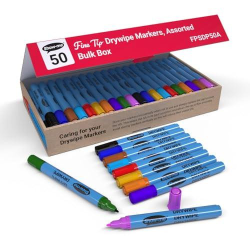 Show-me FPSDP50A Fine-Tip Drywipe Whiteboard Pens for Schools and Classrooms, Assorted Colours in a 50-pack, with a close-up of the colorful markers and the packaging box.