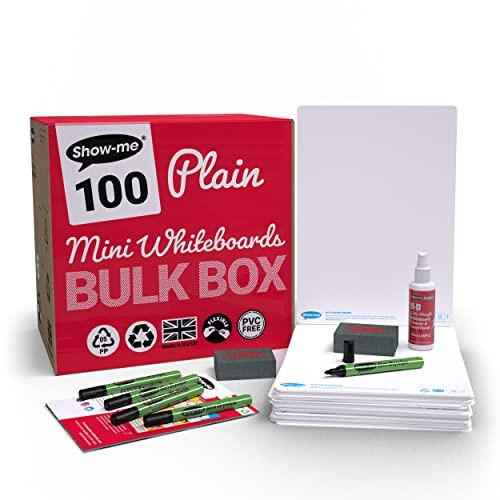 Show-me EB245 Rigid Plain Double-Sided Boards A4 Size for Drywipe and White Board Pens Classroom Set, image showing a pack of 100 mini whiteboards along with whiteboard pens, erasers, and cleaning solution, ideal for schools and education.