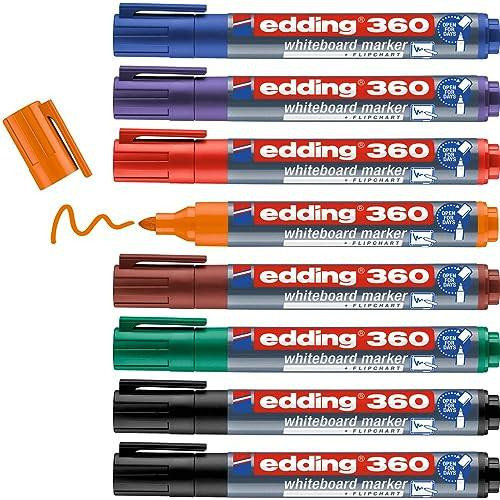 edding 360 Whiteboard Marker Set, multi-coloured set of 8 refillable whiteboard pens with round nibs, suitable for whiteboards, flipcharts, magnetic boards, memo boards, and sketchnoting.