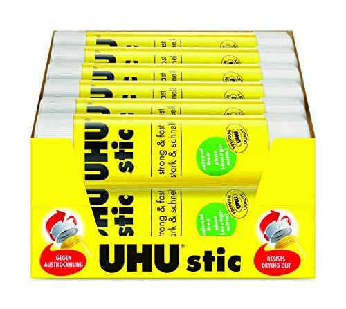 UHU Stic Glue Stick 40g (Pack of 12), yellow glue sticks with black text and logo in a retail display box.
