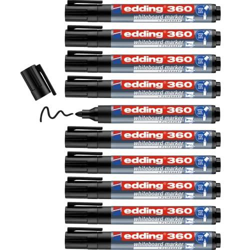 edding 360 whiteboard marker - black, 10 refillable whiteboard pens with round tips (1.5-3 mm), ideal for whiteboards, flipcharts, pinboards, magnetic and memo boards, suitable for sketchnotes.