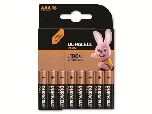 Duracell Plus AAA 1.5V Battery (Pack of 16), image showing a pack of eight AAA batteries with the Duracell logo and Bunny mascot on the packaging.