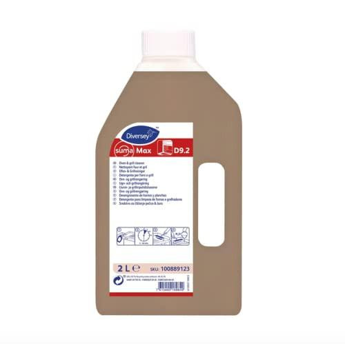 Diversey Suma Max D9.2 Oven and Grill Cleaner 2 Litre, pack of 6 bottles, with a handle and label showing product details and usage instructions.