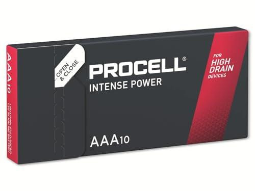 Duracell Procell Intense AAA Battery Pack of 10, black and red packaging with open & close tab for high drain devices.