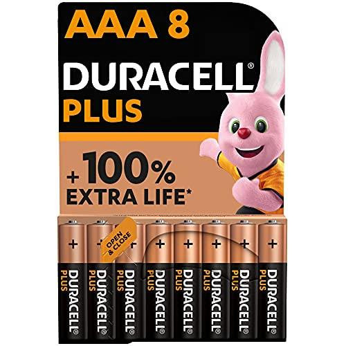 Duracell Plus AAA Batteries (8 Pack), alkaline 1.5V batteries with pink Duracell Bunny mascot on packaging, highlighting up to 100% extra life and eco-friendly plastic packaging.