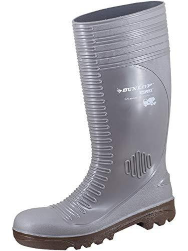 Dunlop Mens A242A31 Acifort Concrete Safety Wellington, a grey and brown waterproof rubber boot with ribbed design, safety features, and sturdy sole for construction and industrial work.