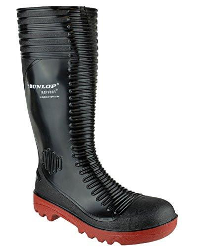 DUNLOP ACIFORT RIBBED BLACK SBP 08, image of a black rubber safety boot with ribbed design and red sole.