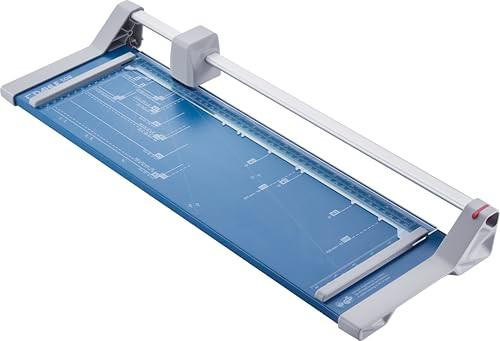 Dahle 508 DIN A3 Self-Sharpening Paper Trimmer Guillotine with Safety Cutting Protection, Blue, showing the cutting base, blade, and safety features.