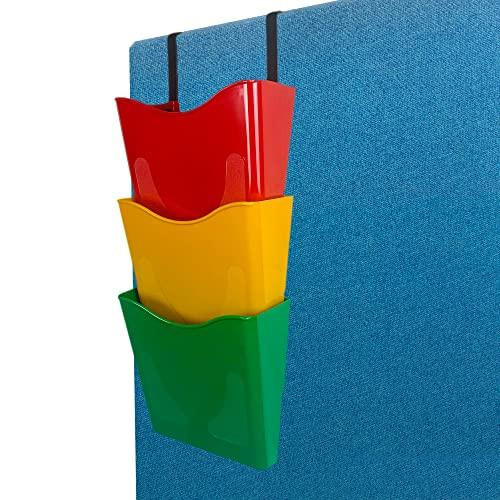Deflecto Multi Coloured Portrait A4 Wall Mounted Document Holders Set of 3 - A4 Sign Holder - A4 Leaflet Holder Wall Mounted Letter Rack Leaflet Display Stands A4 Poster Holder A4 Menu Holders, three colorful wall-mounted A4 document holders in red, yellow, and green attached to a blue fabric partition.