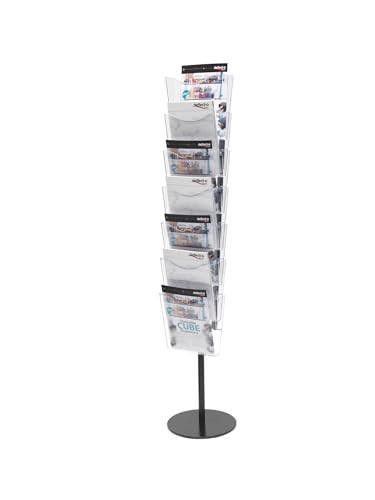 Deflecto A4 Portrait Literature File Floor Stand 7 Shelves, A4 Leaflet Holders, File Holder, Letter Rack, A4 Plastic Display Stand, showcasing a tall, freestanding unit with multiple transparent plastic magazine and leaflet holders arranged vertically on a black stand with a round base.