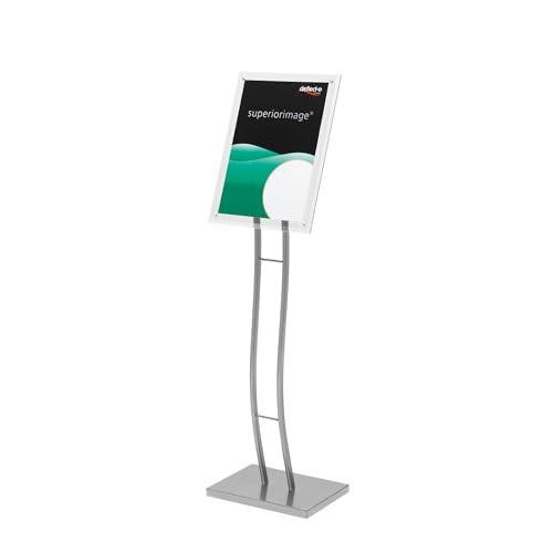 Deflecto A3 Curve Floor Standing Sign Holder, Adjustable Portrait & Landscape Display Stand, A3 Sign Holder, Notice Board Signs, Standing Menu Holders, modern metallic stand with a curved pole design holding an A3 display board.