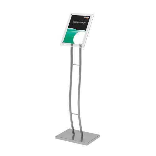 Deflecto A4 Curve Floor Standing Sign Holder, Adjustable Portrait & Landscape Display Stand, A4 Sign Holder, Notice Board Signs, Standing Menu Holders, with a curved metal stand and an A4 document display frame at the top.