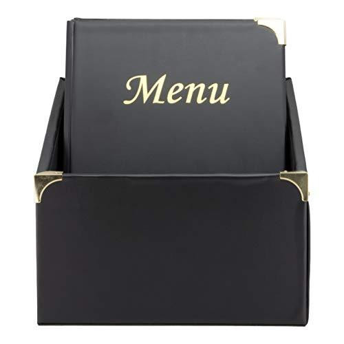 Securit Basic Range Menu Holders in Box - 4 Fixed Menu Holder Display 8x A4 - Set of 10 A4 Menu Holders, black menu display box with gold corner protectors and a sample folder with 'Menu' written on the cover.