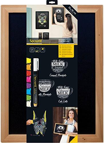 Securit Woody Wood Chalkboard Set with Chalkboard Markers, 30 x 40cm Hanging Blackboard, Memo Board, Wipeable Blackboard with Chalk Pen for Office, Kitchen, or Weddings, displaying a wooden framed blackboard with chalk markers and decorations.