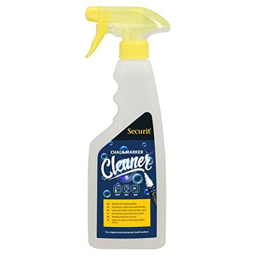 Securit Liquid Chalkmarker Pen Cleaning Spray 500ml - Remove Residue Liquid Chalk From Blackboards & Chalkboards, Paint Marker Cleaning Spray, School Supplies - Glass Cleaner, a white spray bottle with yellow spray nozzle and blue label.