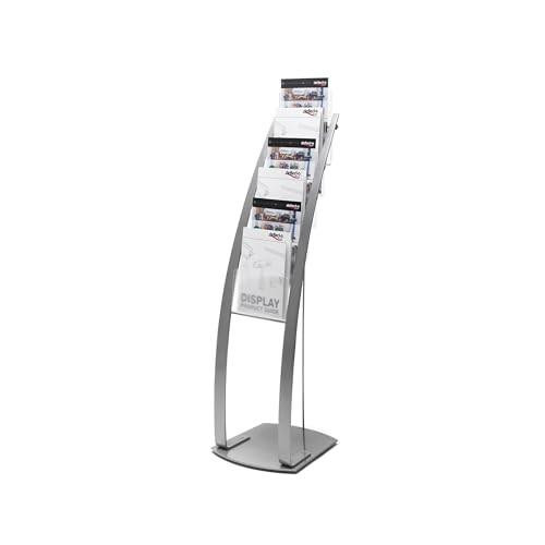 Deflecto 6 Pocket Floor Stand Silver, Sturdy Steel Magazine Rack, A4 Literature File Holder, Letter Rack, A4 Portrait File Display Free Standing, showcasing a sleek, modern, silver-colored standing magazine rack with six pockets for organizing documents and literature.