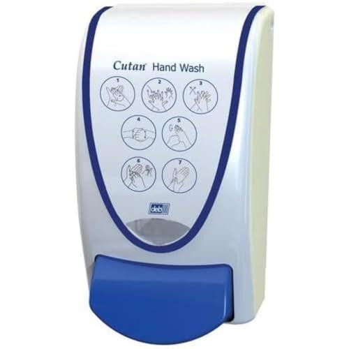 Cutan Gentle Hand Wash Dispenser, 1 L, portable white and blue hand soap dispenser with instructional graphics on usage.