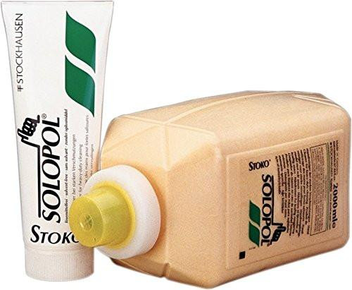 Solopol Classic Hand Cleanser Refill Cartridge, 2 L, beige refill bottle with yellow cap and white and green label beside a white tube of hand cleanser with green and black text