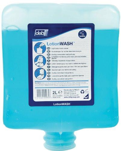 DEB LTW2LT Estesol Hand Cleaner Lotion, 2L - A blue liquid hand cleaner lotion in a transparent 2-liter bottle with a pump dispenser and product label.
