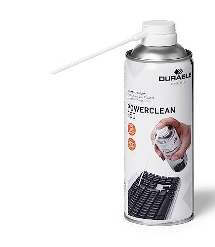 Durable POWERCLEAN Strong Non-Flammable Air Duster, 350ml, with long nozzle, electronics safe, HFC-Free compressed air can for cleaning keyboards and electronic devices.
