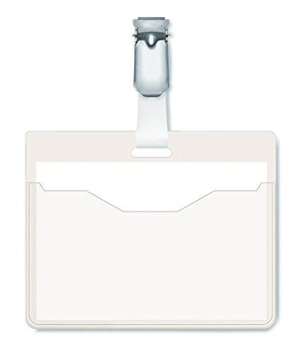 Durable Visitor Name Badge 60 x 90 mm with Clip Transparent, front view of the badge with clip and blank insert card for event and visitor management.