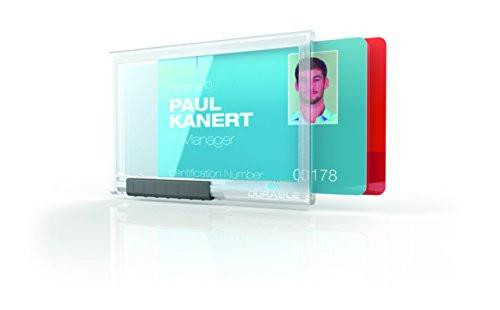 Durable Pushbox Duo Security Pass Holder 54 x 87mm Transparent, showcasing a pack of 10 badge holders secured with multiple ID/security cards, suitable for secure identification.