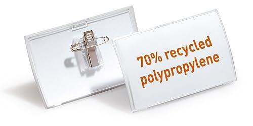 Durable Click Fold Name Badge 54 x 90 mm with Combi Clip Transparent, front view showing the badge with a message about recycled polypropylene in a clear plastic case.