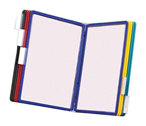 Durable VARIO Display Panel Wall Unit, featuring 10 panels and tabs in assorted colors, ideal for storing and displaying A4 documents.